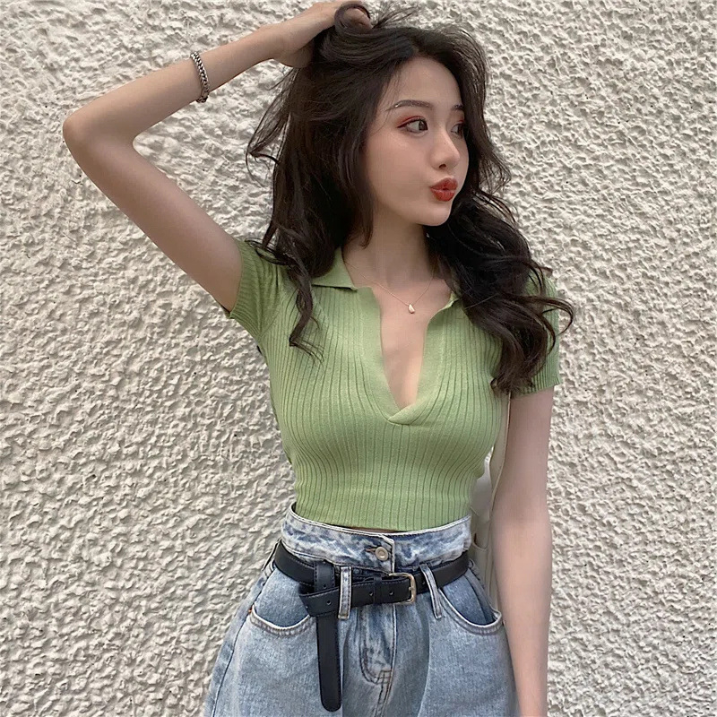 SJPOP  Baju Wanita Korean Sexy Kaos Crop Top rajut Kerah V Crop Tee Baju Atasan Wanita