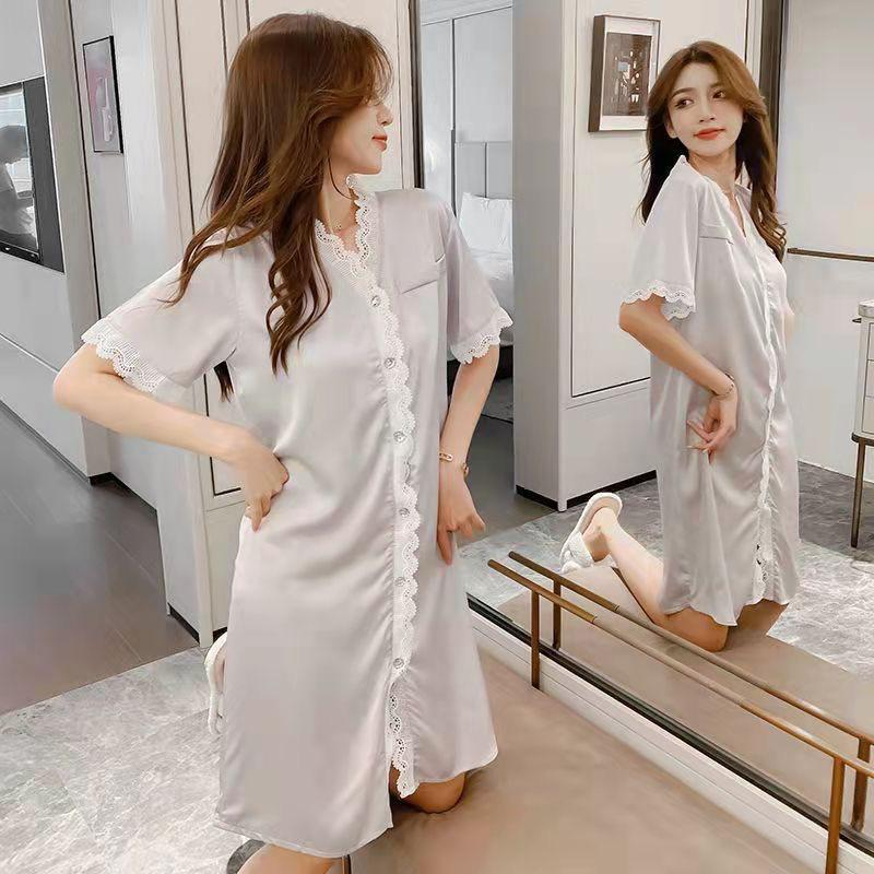 004 Luxury Piyama Satin Daster Kerah Bunga Kancing Hidup Diamond Bahan Satin High Quality Piyama Import/ Baju Tidur Import / Baju Tidur Murah / Piyama Daster / Baju Tidur Daster / Piyama wanita /piyama satin