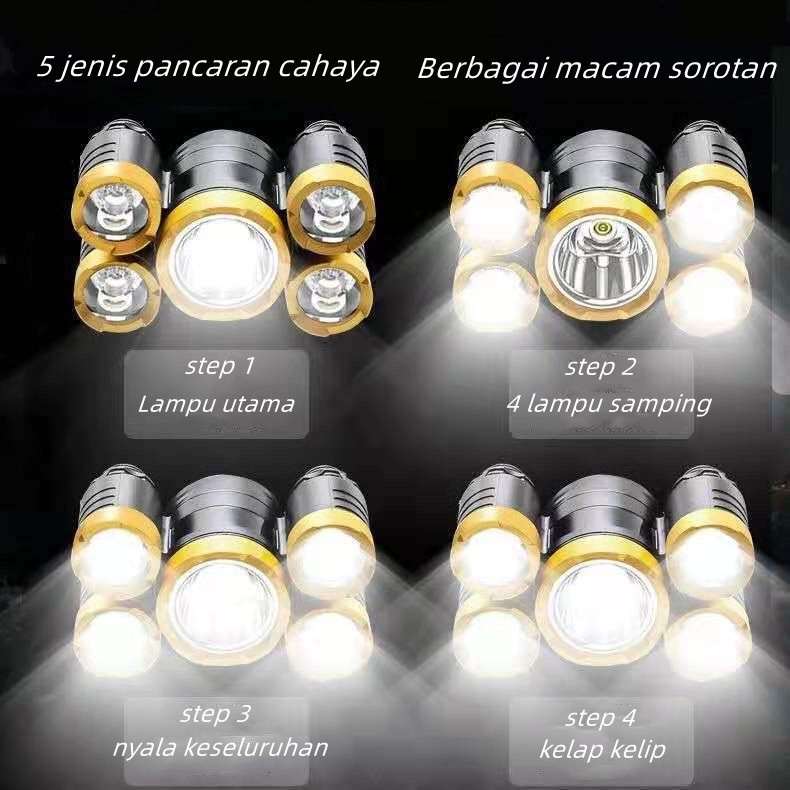 Senter Kepala 5 LED Super Terang USB Rechangeable Waterproof Anti Air 45w 4Mode Cahaya Putih Lampu Camping Lighting