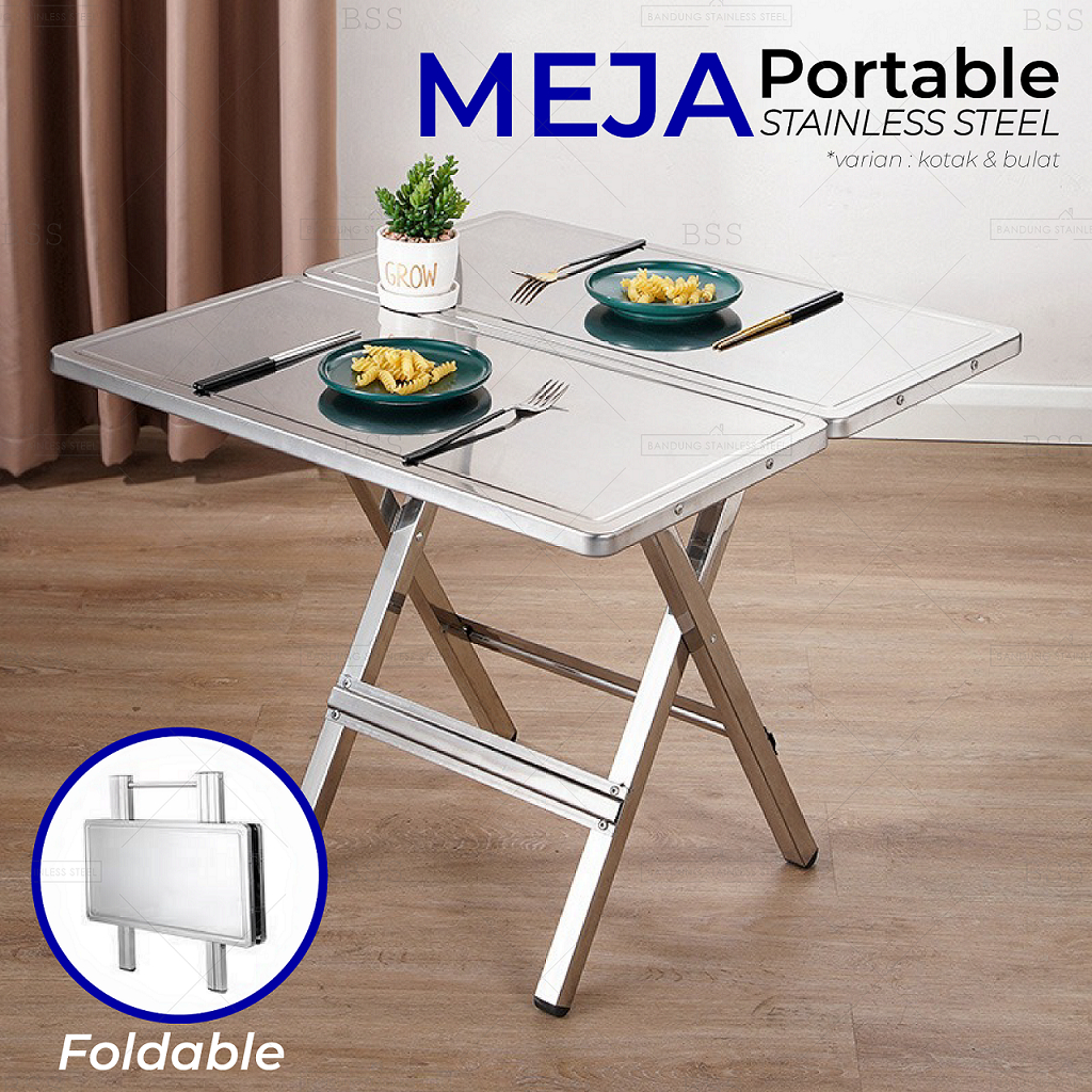 Meja Lipat Stainless Minimalis Portable Multifungsi Mewah Outdoor Indoor Dapur Makan Halaman Barbeque Grill Kotak Bulat