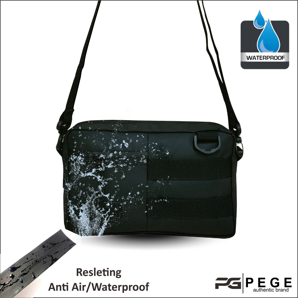 Tas Selempang Bahu Pria Waterproof bahan Bimo AntiAir PEGE Allen Model 2in1 Bisa Slempang Dan Pouch Warna Hitam Kasual - PG 8963