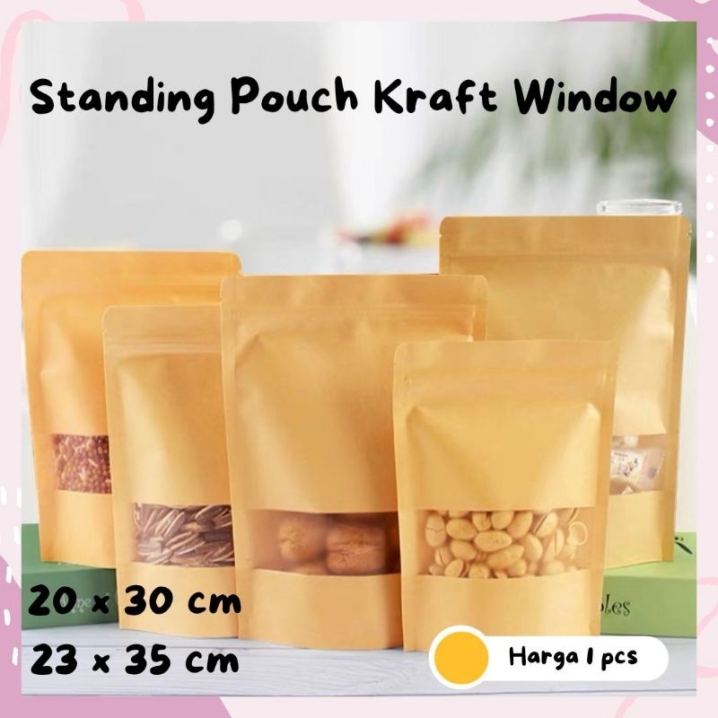 Kraft standing pouch brown window ukuran besar