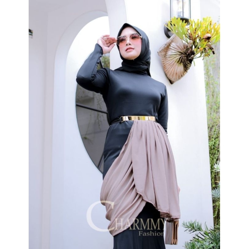 Long Dress Athena Gamis Titanium Scuba Combi Baby Doll Baju Kondangan 70751 Belt Dijual Terpisah