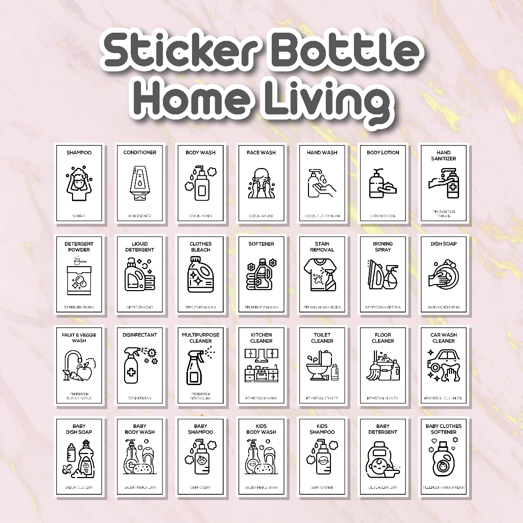 

Sticker Botol Home Living - Bahan Stiker Vinyl Putih ANTI AIR | Stiker Toiletries | Stiker Home Cleanser | Stiker Botol Murah