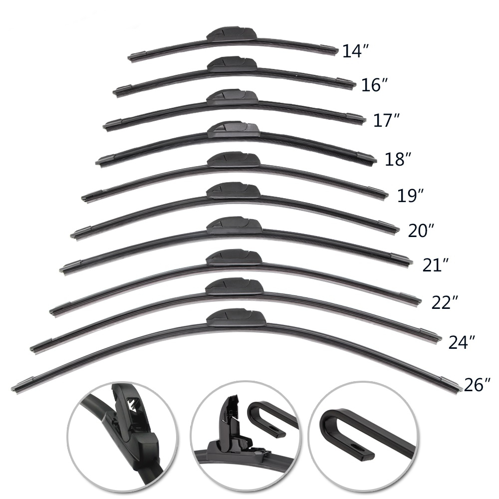 Wiper Blade Kaca Mobil Tanpa Bingkai U Shape Hook Universal 14 &quot;16&quot; 16 &quot;18&quot; 19 &quot;20&quot; 21 &quot;22&quot; 24 &quot;26&quot; Karet Lembut Untuk Toyota Honda Mitsubishi Daihatsu Nissan Suzuki Mazda Subaru Isuzu