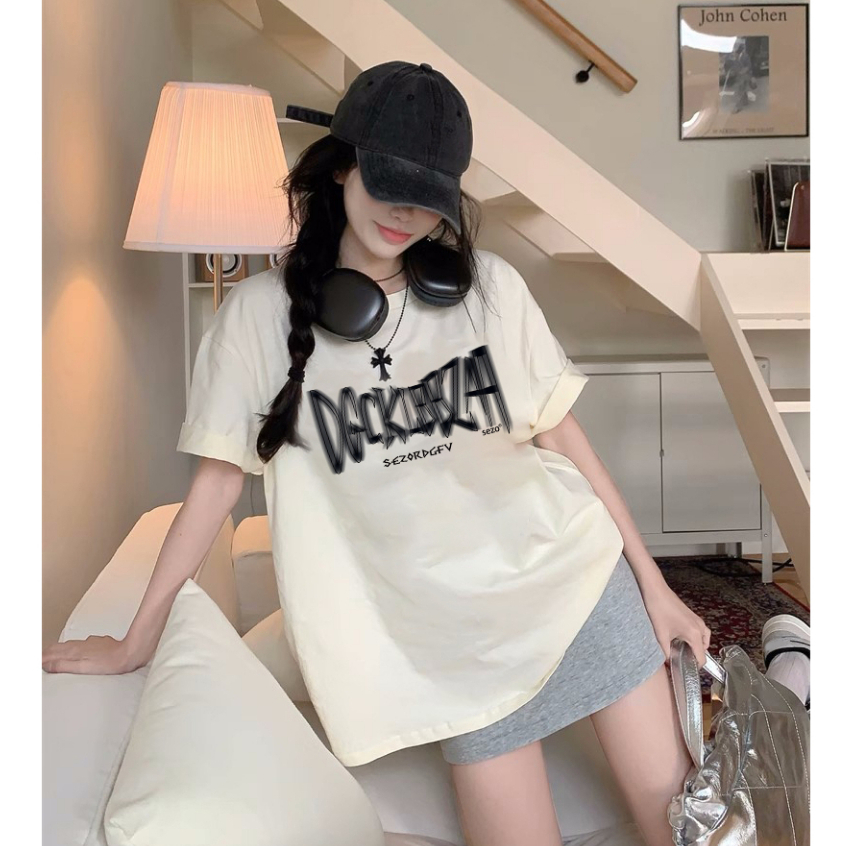 baju kaos wanita/lengan pendek korean style letter graffiti print T-shirt import oversize kaos cream