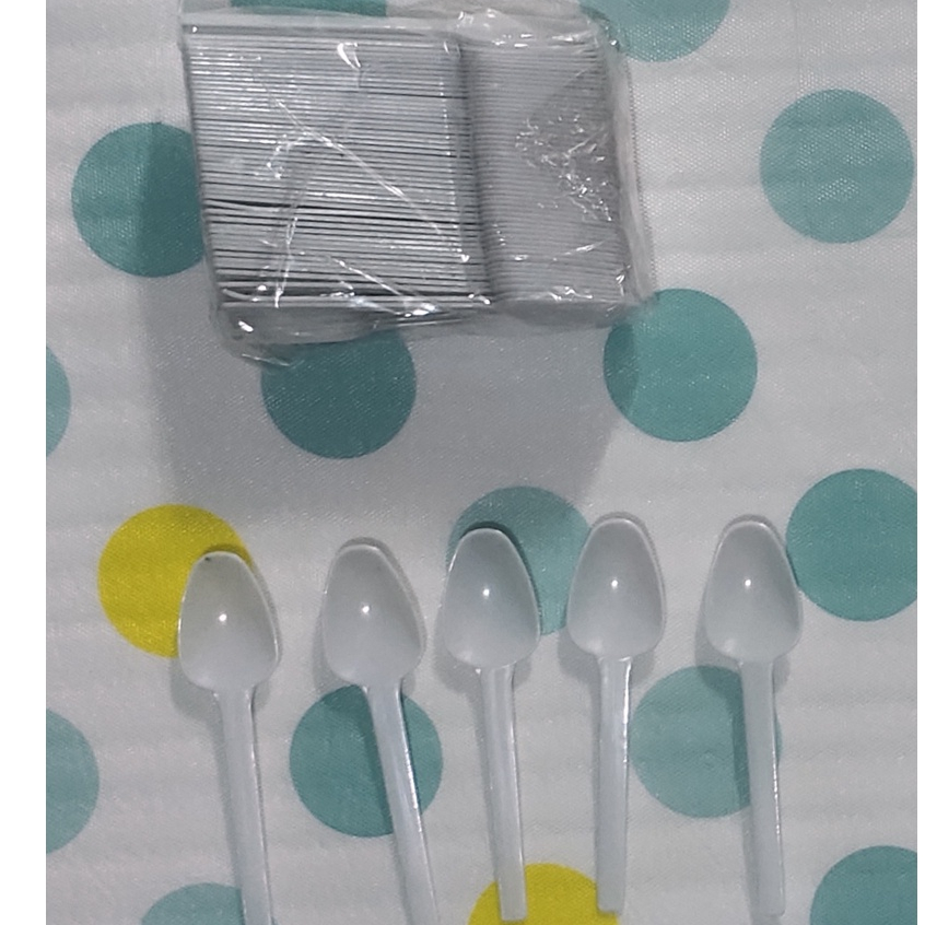 Sendok kecil 100 pcs plastik putih susu - sendok puding kue es krim cream ukuran 4"  isi 100 pcs