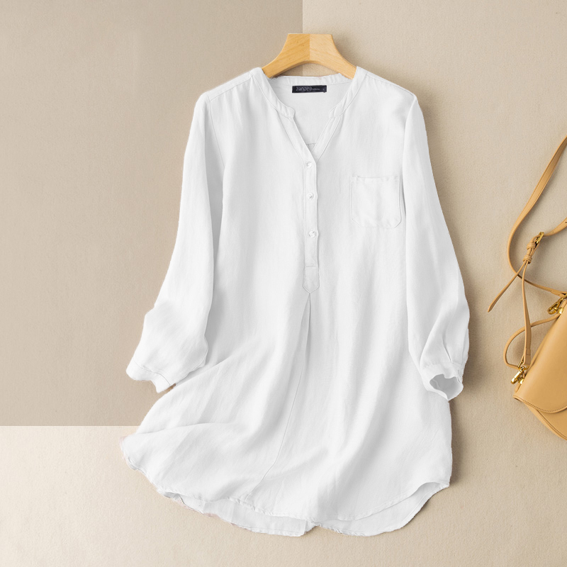 ZANZEA Women Simple Button V-neck Long Sleeve Solid Casual Loose Blouse
