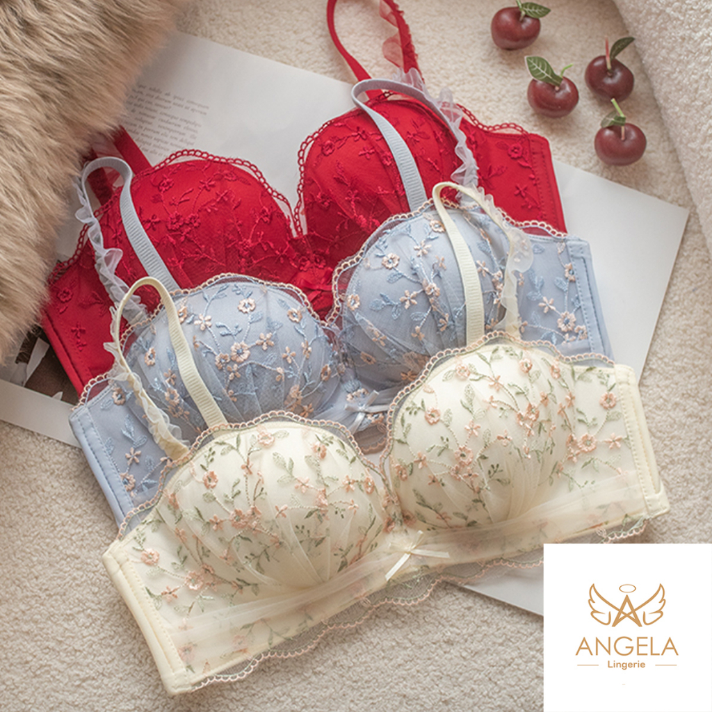 ANGELA PREMIUM JAPAN Bra BH Push Up Set Tanpa Kawat Celana Dalam Wanita Bikini Sport Beha Lingerie Korea Fashion Bralette Remaja Perempuan Sexy Pakaian Dalam COD Renang Motif Cewek Pita Bunga Murah Felicia Tali Jumbo