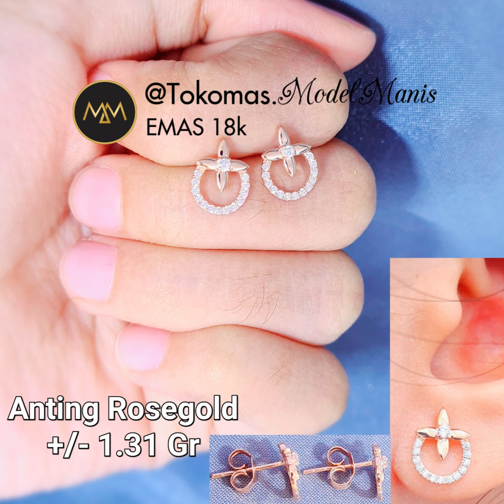 Anting tusuk clover ring emas italy rosegold 750 kadar 18k