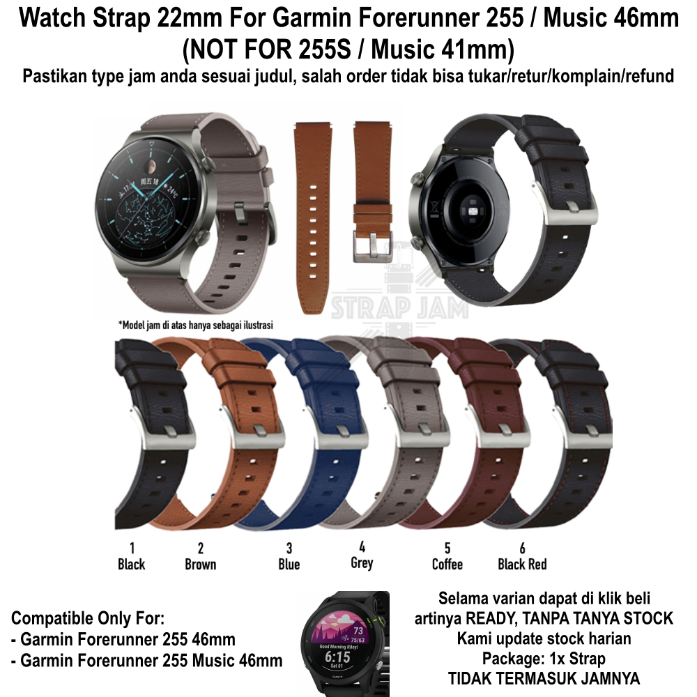 ZGT Tali Jam Garmin Forerunner 255 / Music 46mm - Strap 22mm Leather Kulit Quick Release