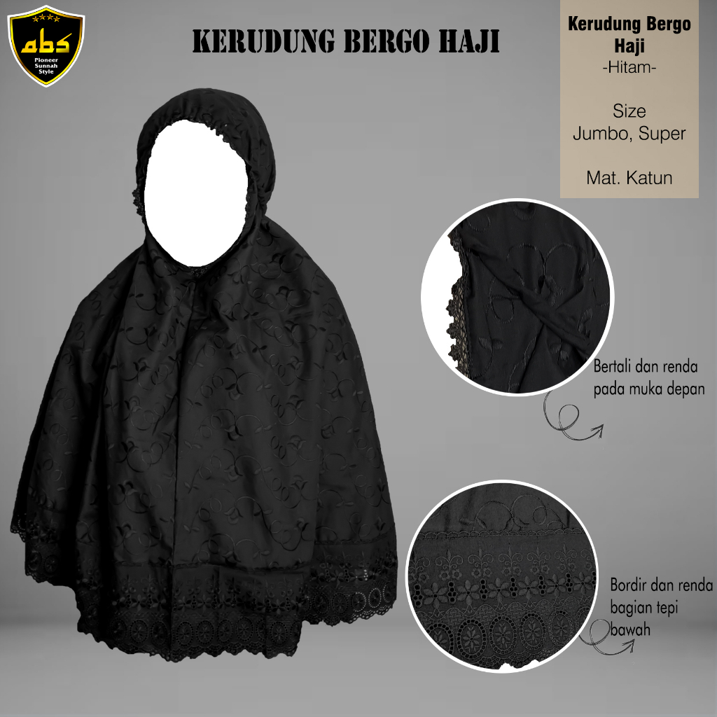 JILBAB BERGO IHROM  IHRAM  KERUDUNG SUPER BESAR JUMBO HIJAB HAJI DAN UMROH UMRAH   BAHAN KATUN ADEM MOTIF RENDA PREMIUM