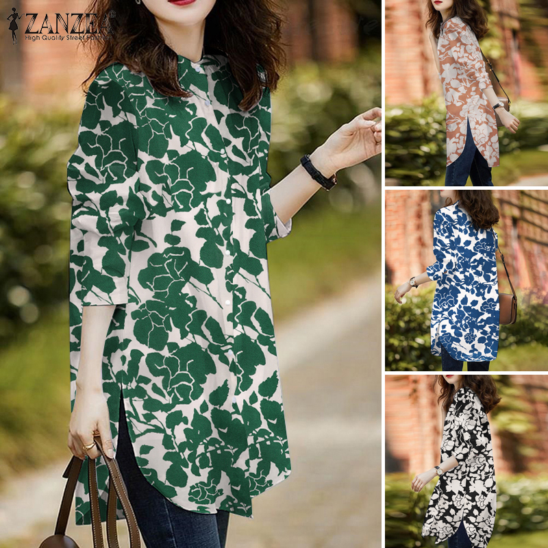 ZANZEA Women Long Sleeve Casual Printed Buttons Up O Neck Loose Blouse