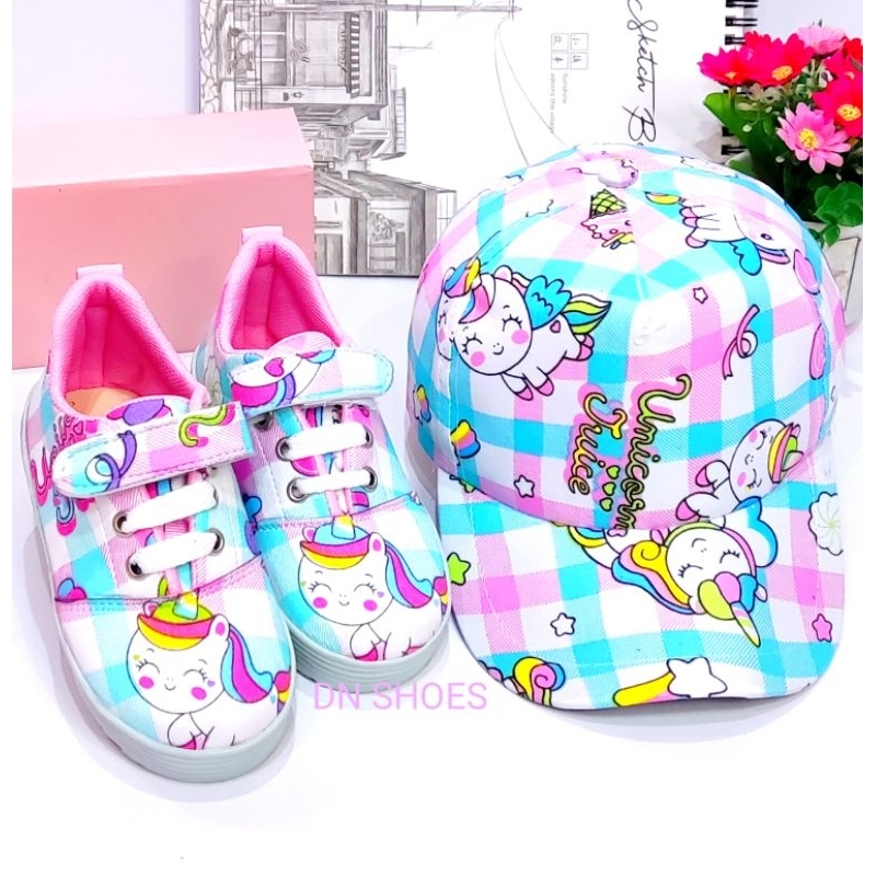 Paket Sneakers Anak Cewe Sepatu Sport Anak Perempuan Topi Anak Cewek Lucu Murah Karakter Unicorn Tosca Juice 1 - 7 tahun