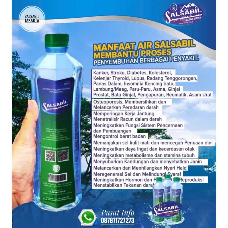 

Air Kesehatan Salsabil 1Botol(600ml) PH 8.0 mampu mengobati penyakit diabetes,asam lambung&urat serta penyakit jantung dan ginjal