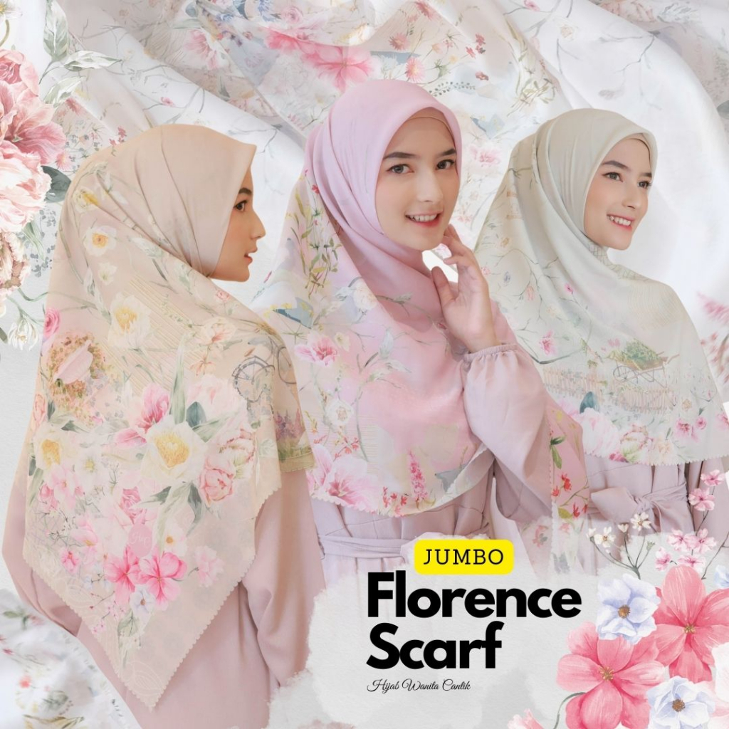 HIRA - Segiempat Florence Scarf Hijab Wanita Polycotton Jumbo Jilbab Syari Motif Bunga Eropa