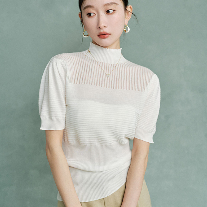 【Elegant】Half Turtleneck Knit Puff Short Sleeve Solid Jumper Shirts 2096