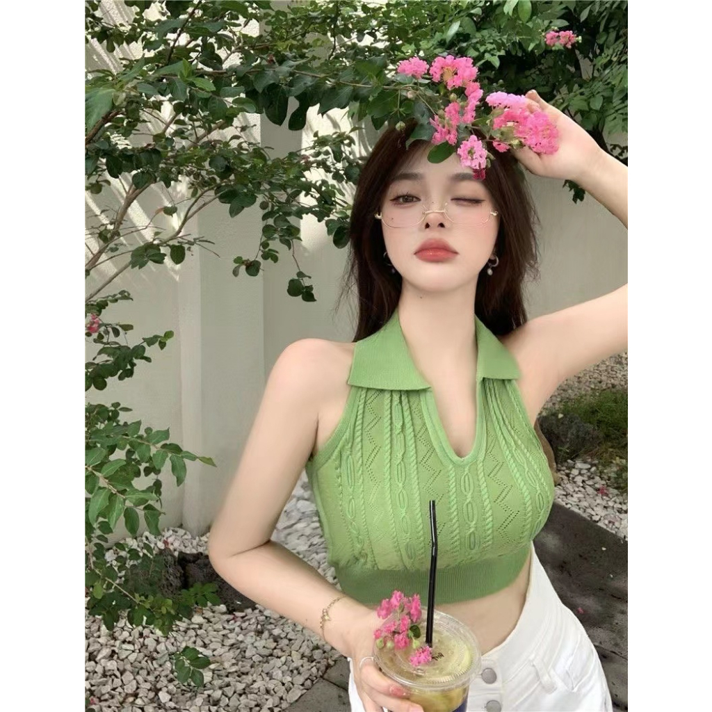 【Elegant】Solid Color Off Shoulder Halter Knitted Crop Tops  2110