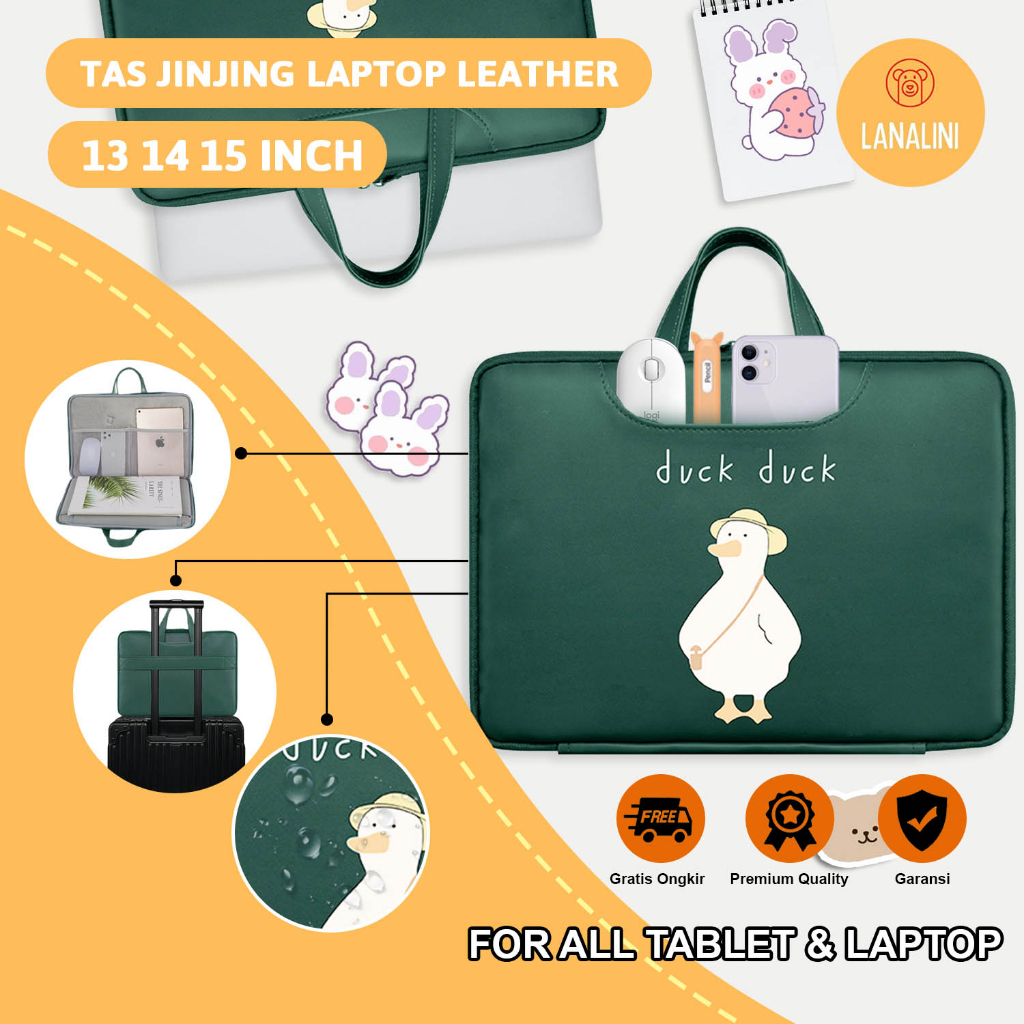 Sleeve Pouch Sarung Tas Bag Case Ipad Tab Tablet Macbook Air Pro Laptop Asus Acer Lenovo HP Huawei 11 12 13 14 15 inch Motif Gambar Kartun Cartoon Bebek Duck Warna Hijau Green Cute Murah Korean Model Jinjing Tali Strap Waterproof Tahan Air