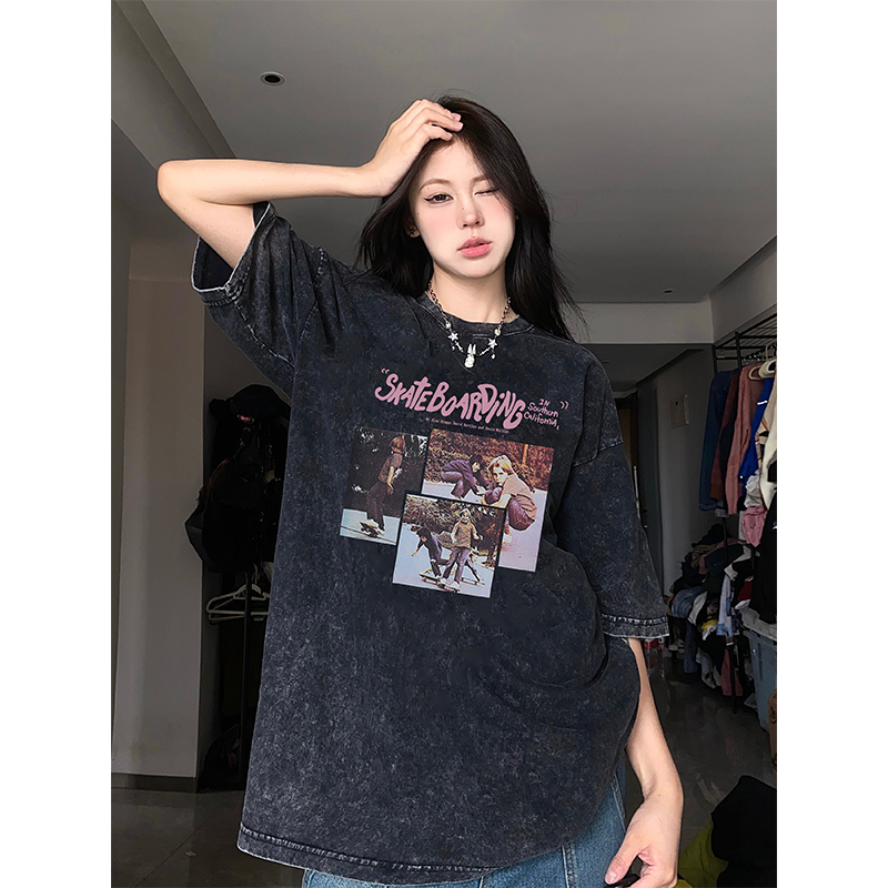 100% Katun Kaos Vintage Hitam Atasan Wanita Lengan Pendek Oversize Printed T-shirt Baju Wanita Kekinian Korean Style