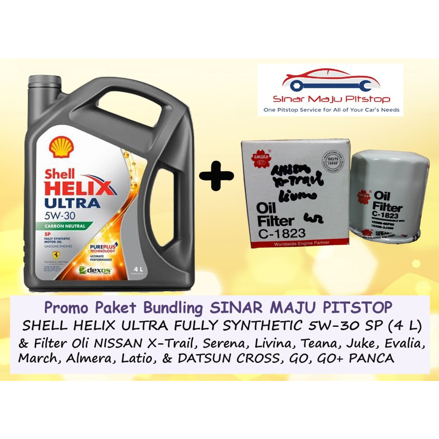 Paket Bundling Oli Mobil SHELL HELIX ULTRA HX8 5W-30 API SP Original (4 Ltr) & Filter Oli DATSUN GO 
