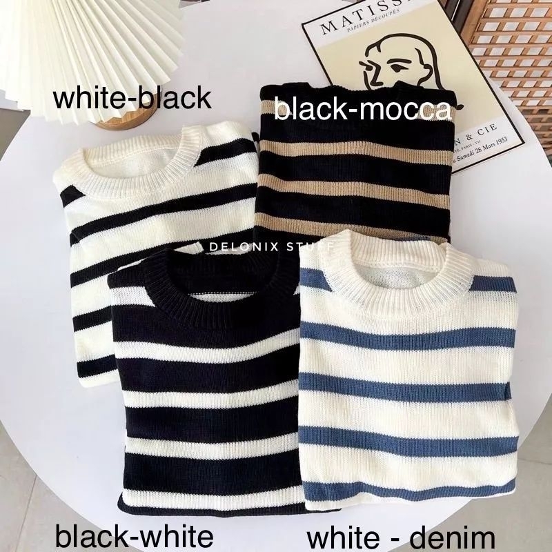 round neck stripe knit blouse