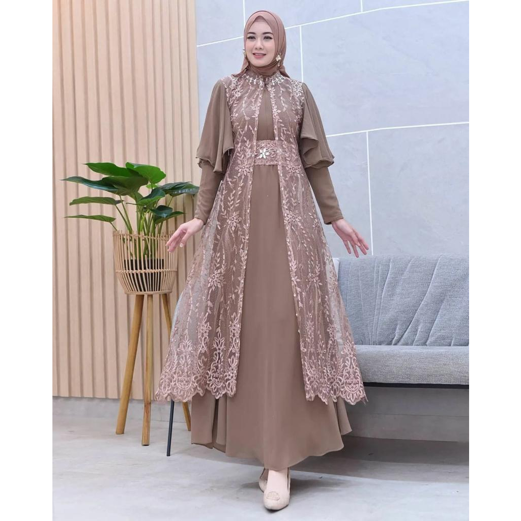 Gamis Wanita Terbaru Janeeta Dress Bahan Ceruty Babydoll Mix Tille Bordir Aplikasi Payet Size M L XL XXL XXXL Ld 100 - 130 Cm Pakaian Wanita Baju Muslim Wanita Modern 2023 Gamis Kondagan Elegan Warna Sage Green , Mocca , Plum , Dusty