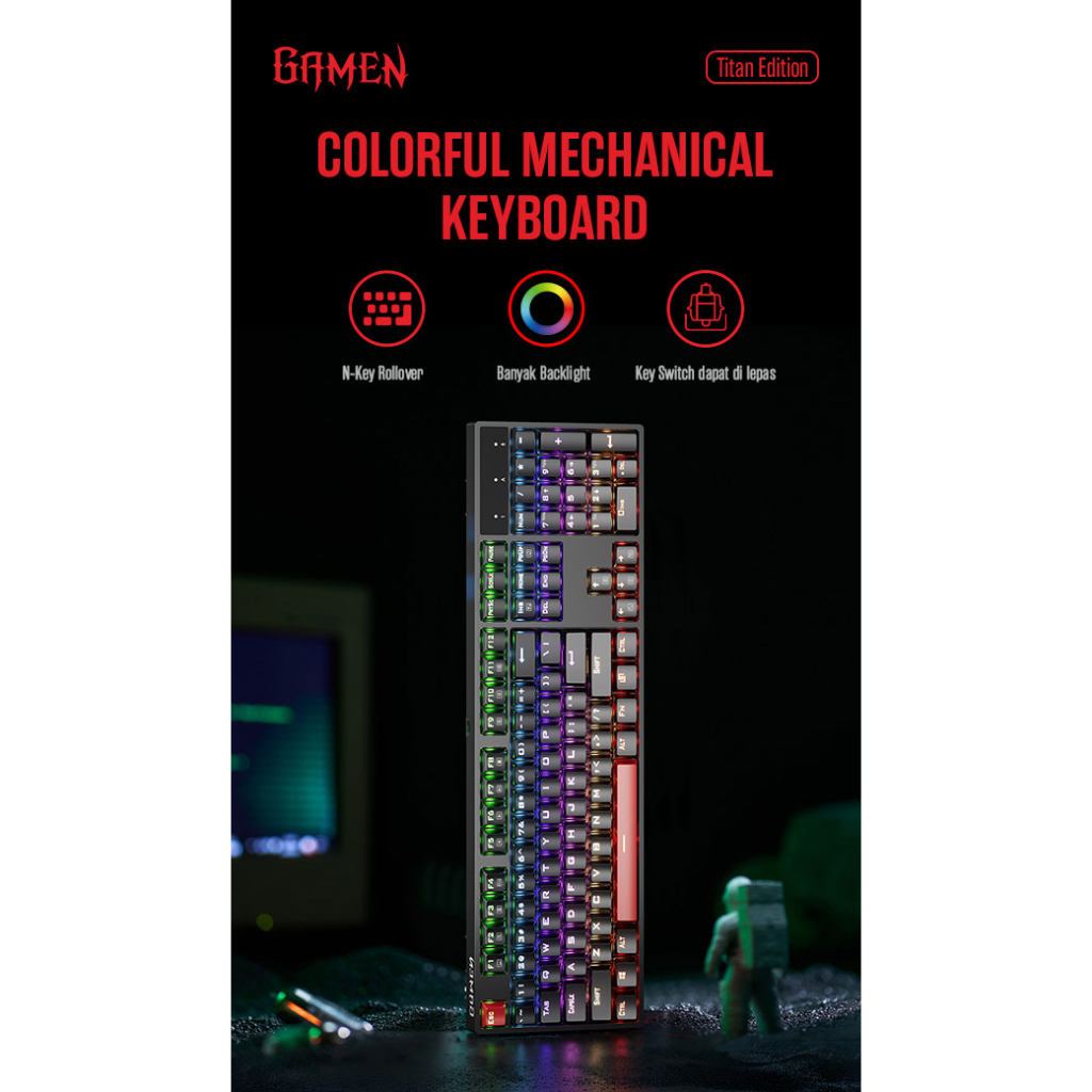 GAMEN Gaming Mechanical Keyboard Titan Edition 104Key No-key Rollover RGB Black Garansi 1 Tahun