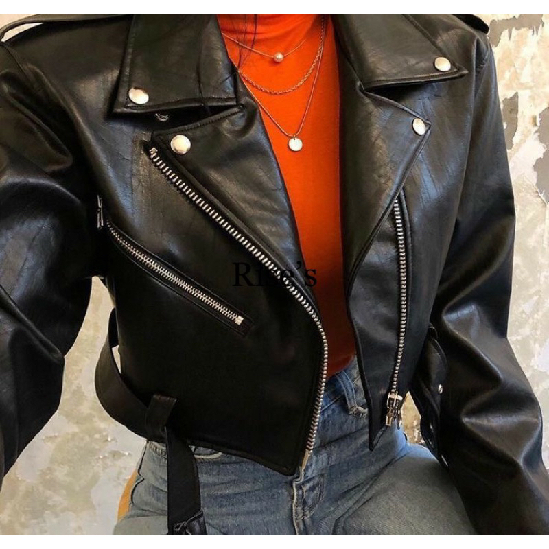 Jaket kulit wanita crop  leather jacket ramones berbelt