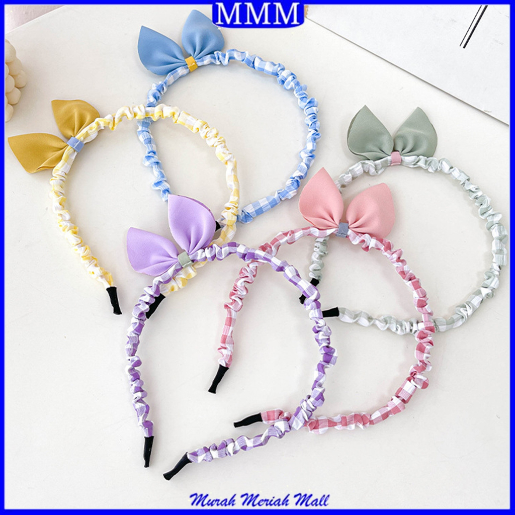 MMM Bando Scrunchie Korea Wanita Anak Perempuan Motif Kotak Kotak Bando Aksesoris Rambut Wanita Bando Pita Scrunchie Bando Lucu Bando Kerut Pita