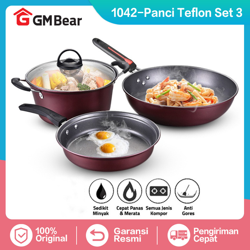 GM Bear Panci Teflon Wajan Set isi 3pcs P0220 / P 0220  Panci Penggorengan Set Murah