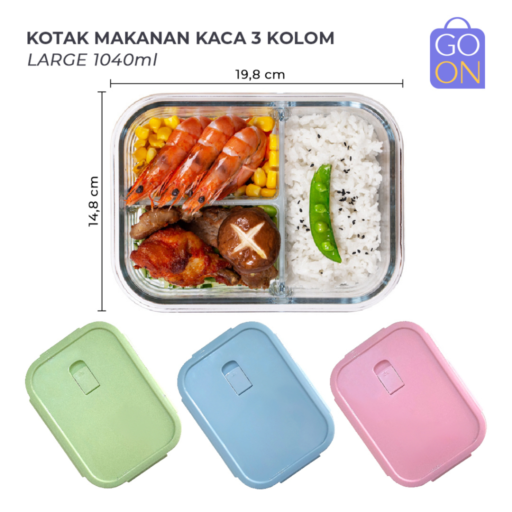 [3 KOLOM 1040ml] Kotak Makanan Kaca Tahan Panas &amp; Dingin (Freezer) - Oven &amp; Microwave Safe - Glasslock Anti Bocor