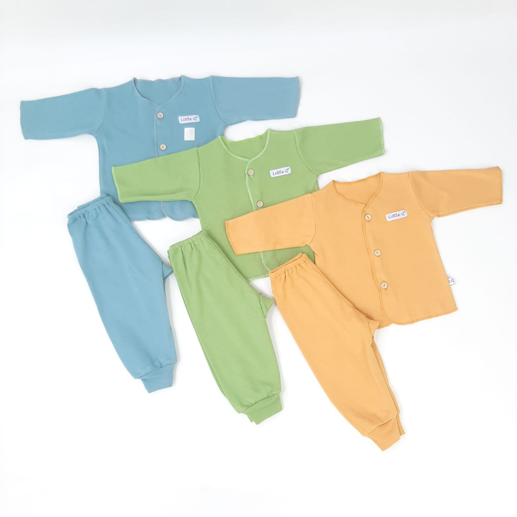 [Size NB] Little Q Setelan Polos Panjang Kancing Tengah Celana Panjang Rib Isi 3pcs