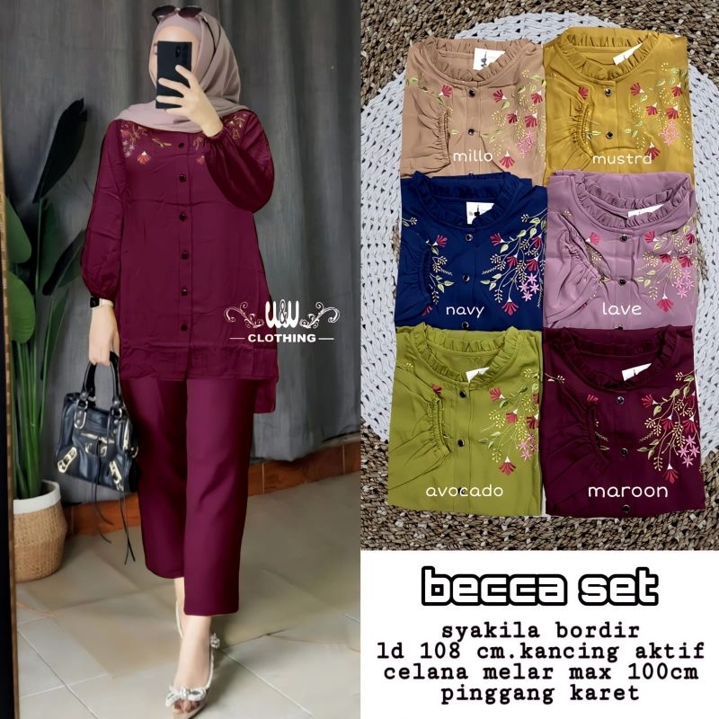 Becca Setelan Tunik Celana 2in1 Bahan Syakila Bordir Cantik Busui Kancing Celana Melar Pinggang Kare