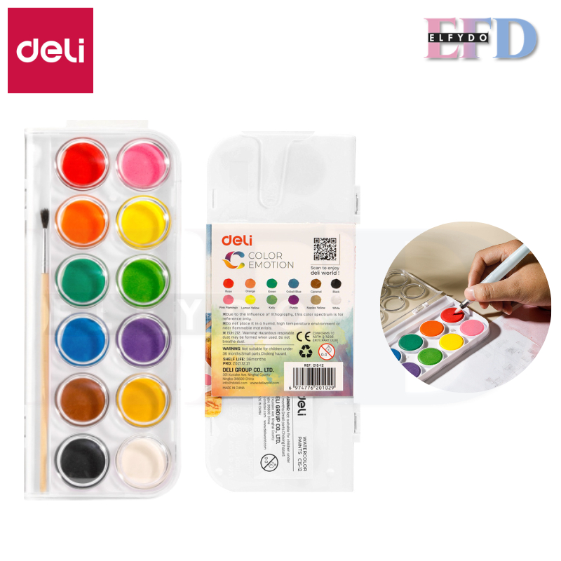 ELFYDO DELI020 Watercolor Painting / Cat Air Padat 12 Warna Gratis Kuas Kualitas Tinggi