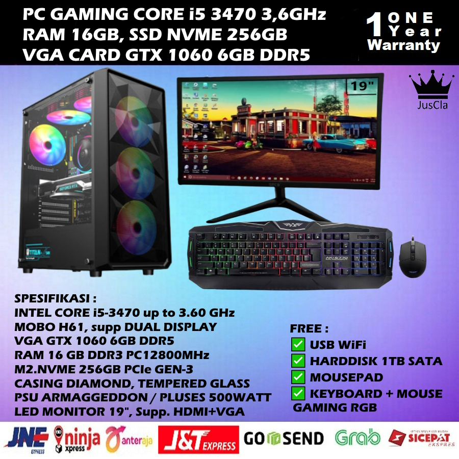 PC GAMING CORE i5-3470 3,6GHz|RAM 16GB|NVME 256GB|VGA GT1060 6GB|HDD 1TB|KEY+MOUSE GAMING|USB WiFi