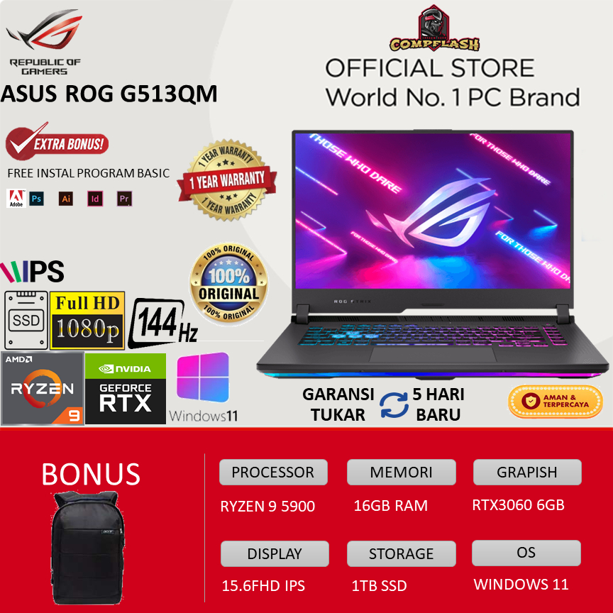 LAPTOP ASUS ROG G513QM - RYZEN 9 5900 RAM 16GB 1TBSSD RTX3060 6GB WINDOWS 10 15.6FHD IPS 144HZ