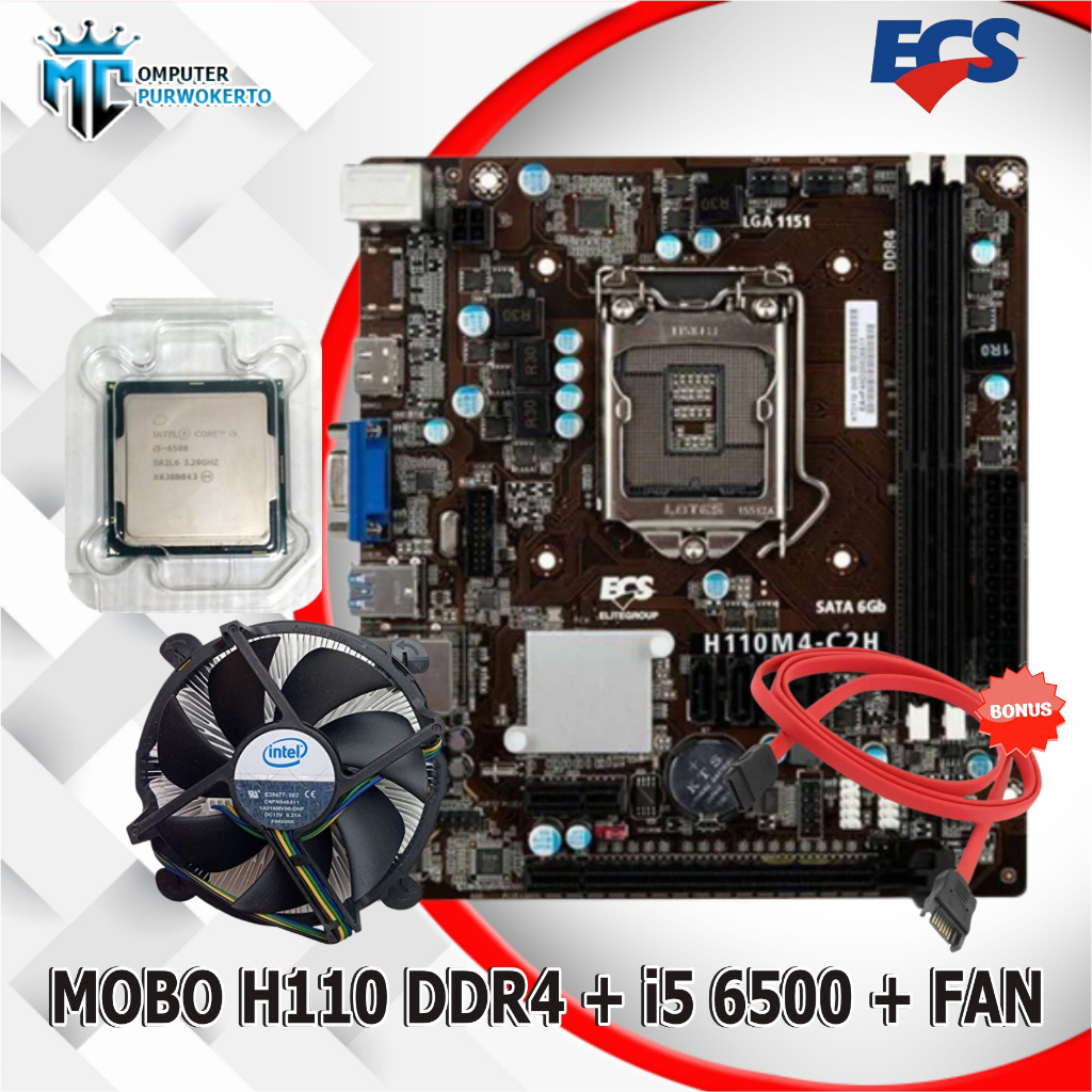 Paket Mobo Mainboard Intel H110 LGA 1151 DDR4 + Processor i5 6500 + Fan