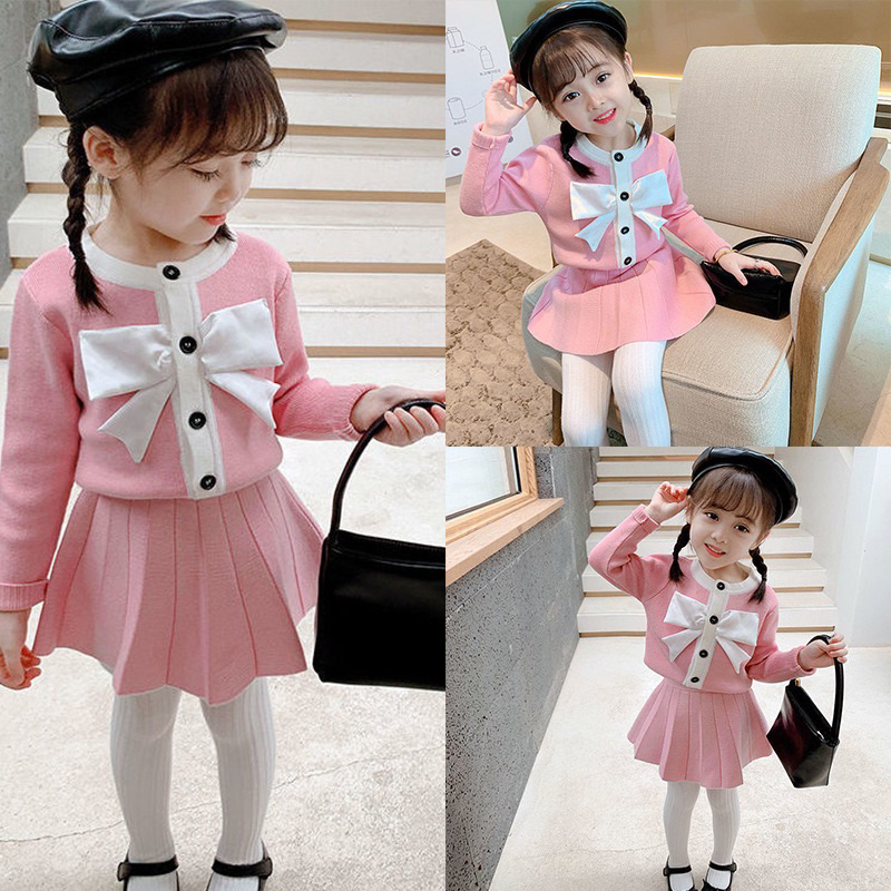 EOBaby L57 Setelan Baju Anak Perempuan Soft Pink Set Knitted Rok Atasan Pita Rajut Korean Style