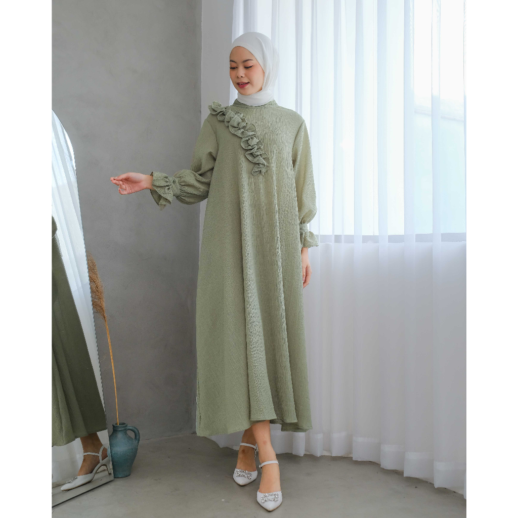 Mayoutfit Vezy Mididress | Dress Gamis Flowy Frill Kerut-Leaf Green
