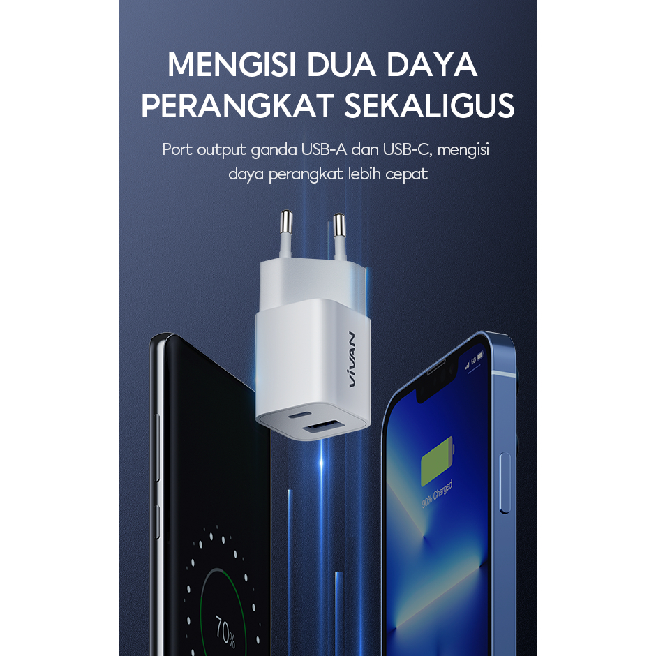 Charger Original VIVAN Fast Charging VPL01 Casan Type-C 3A Quick Charge 3.0 18W Dual Output - Garansi 1 Tahun