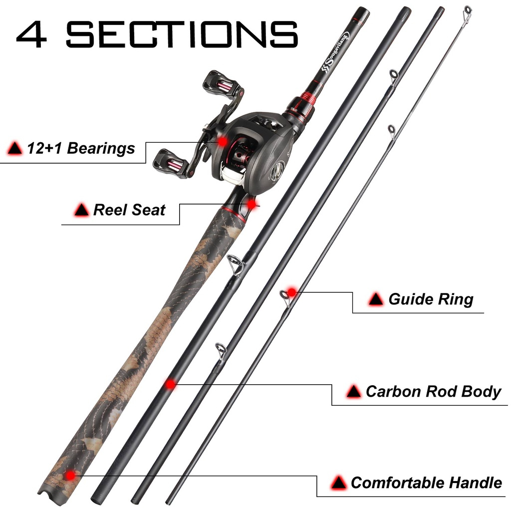 Joran Pancing Set Sougayilang 1.98m M Power Carbon Fiber 4 Sections Fishing Rod and 12+1 6.3:1 Fishing Reel Combos Max Drag 17.6lb