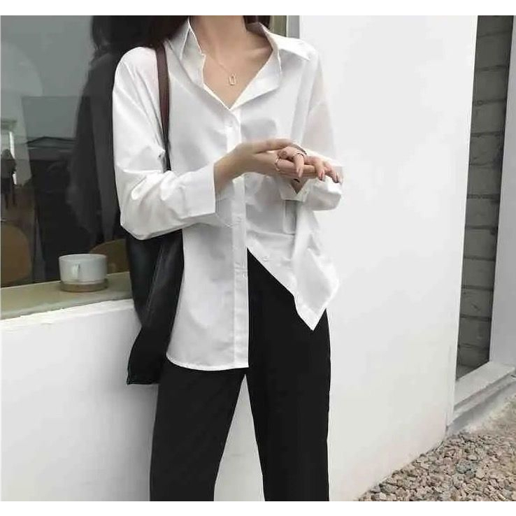 Blouse Korean Style Wanita Lengan Panjang Polos Baju Kemeja Wanita Kekinian