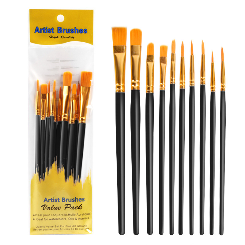 COD✨10 Pcs/Set Paint Brush Kuas Tip Kepala Bulat Nylon Hair Watercolor Acrylic Wooden Handle Painting Brushes Art Supplies Kuas Lukis Air /Akrilik/Minyak/ Nilon /Watercolour /Crylic/Oil Paint /Nylon/Round Flat Untuk Alat Tulis-Yimer