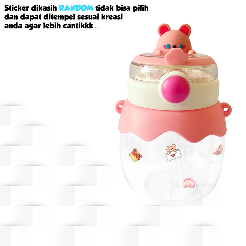 Botol Minum Aanak/Baby 700ML BPA FREE Botol Air Minum Plastic Karakter Bear Gemoy Botol Minum Anak Kartun 600ML Sedotan dan Tali Gratis Stiker 2D&amp;3D