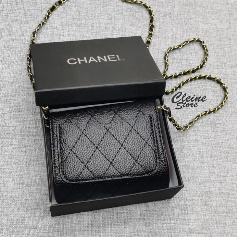 Sling Bag Wanita Chanel Mini Leather Black Gold With Box