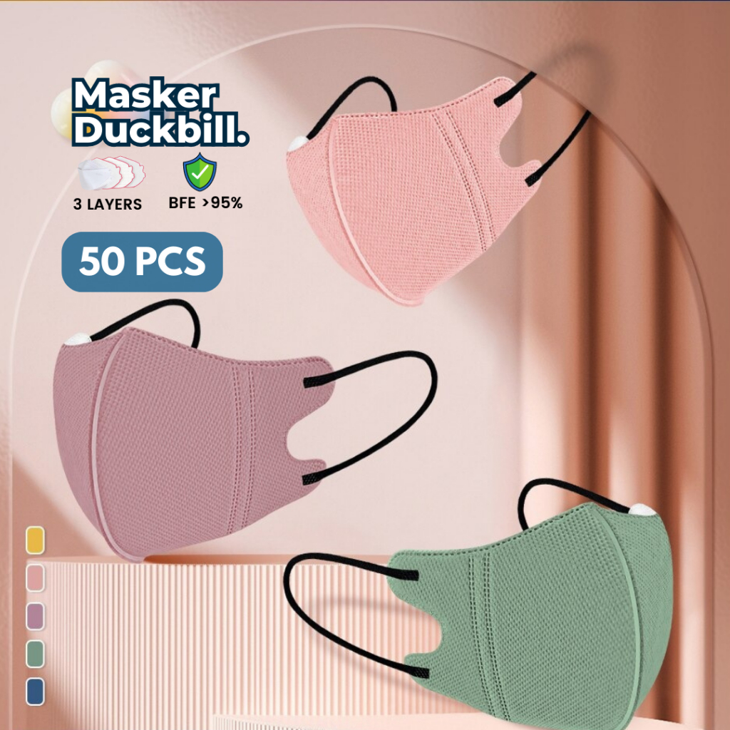 MASKER DUCKBILL 50 Pcs MASKER DUCKBIL 3PLY MIRIP SENSI MIX WARNA WARNI PUTIH DAN HITAM EARLOOP