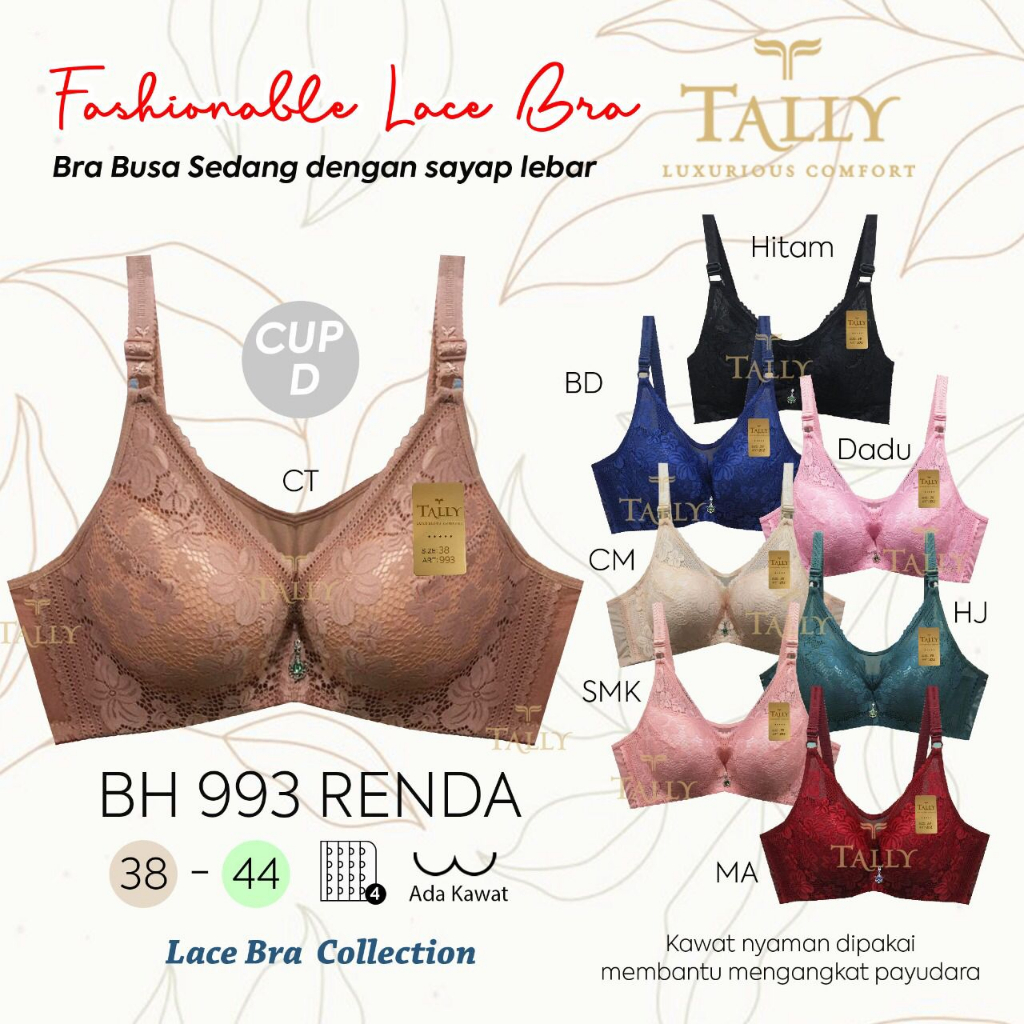 BH BRA 993 TALLY - Tally 993 Bra BH Berkawat Busa Sedang Cup D Jumbo Kait 4 Penekan Lemak 38-44