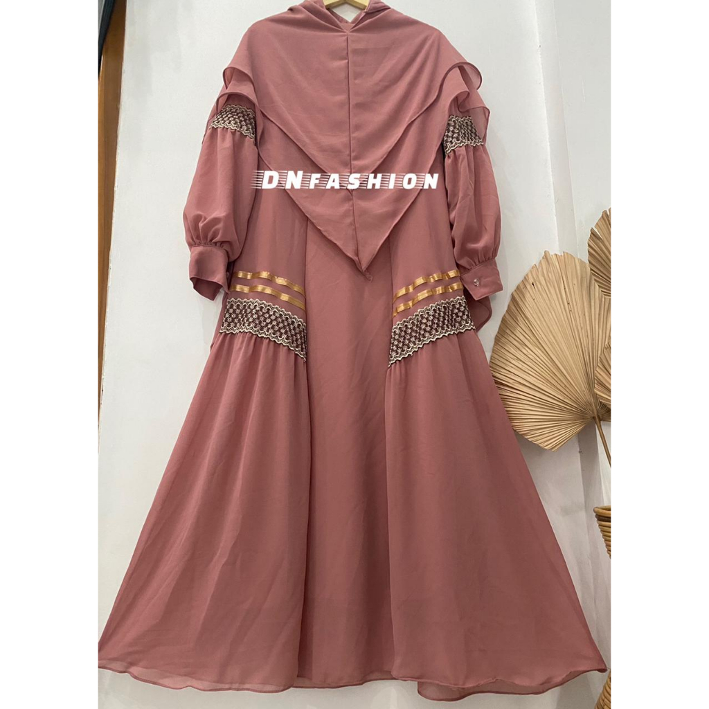 Gamis Syari Ceruty Renda Pita / Gamis Terbaru Set Hijab Renda Pita