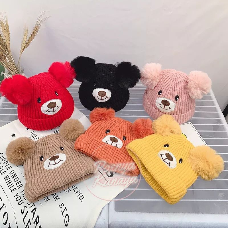 [rumahbayipdg] Topi kupluk rajut bayi original || kupluk bayi anak pom pom Bear